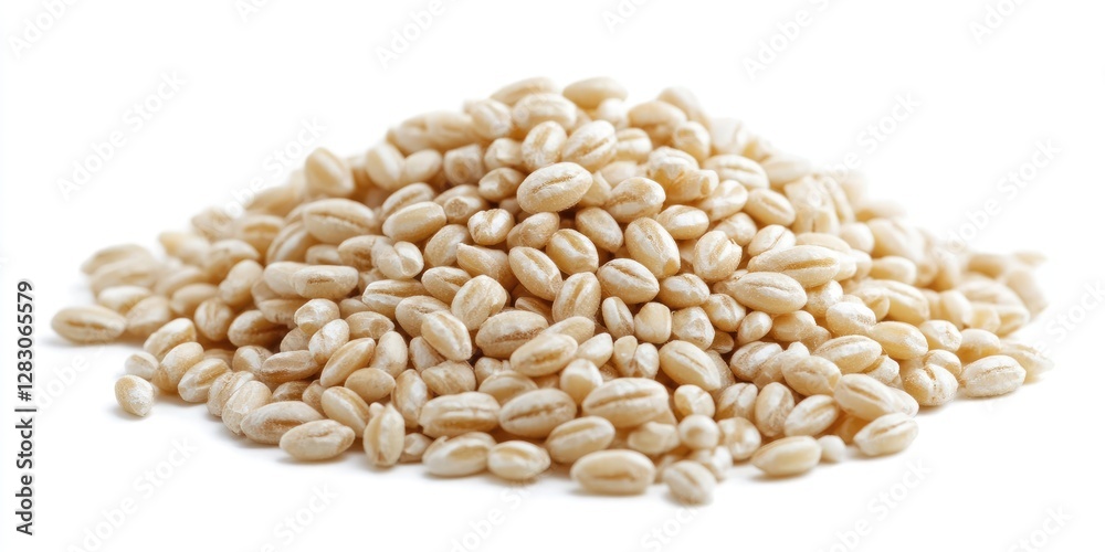 Pile of pearl barley with smooth creamy texture positioned centrally against a clean white background emphasizing its culinary versatility and natural appeal Pile of pearl barley with smooth creamy texture positioned centrally against a clean white background emphasizing its culinary versatility and natural appeal