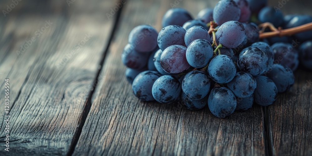 Fresh dark purple grapes scattered on a rustic wooden surface with dew drops glistening in soft light creating a moist and inviting atmosphere Fresh dark purple grapes scattered on a rustic wooden surface with dew drops glistening in soft light creating a moist and inviting atmosphere