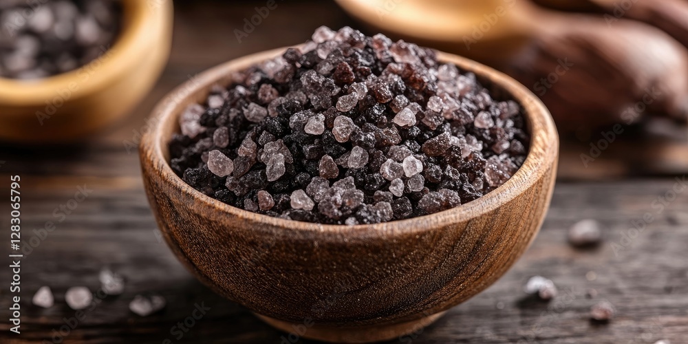 Black salt in a wooden bowl positioned at the center, with dark wood surfaces and rustic spoons in the background, creating a natural ambiance. Black salt in a wooden bowl positioned at the center, with dark wood surfaces and rustic spoons in the background, creating a natural ambiance.