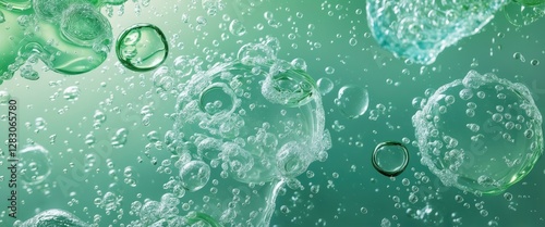 Bubbles in green water with varying sizes and reflections natural abstract background