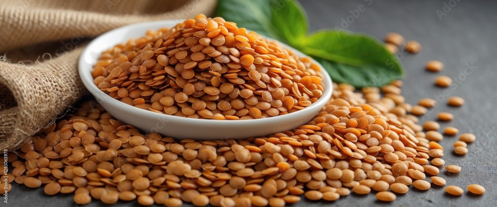 Obraz premium Orange lentils piled in a white bowl on a dark textured surface with scattered lentils and green leaves in the background.