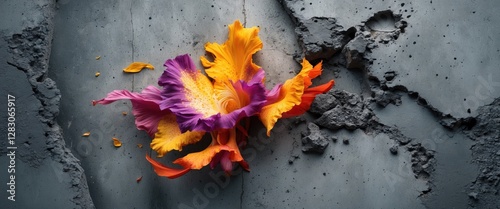 Vibrant flower petals in purple and orange on textured gray concrete background with cracks and debris