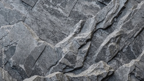 Close-up view of textured grey rock surface with uneven layers and crevices, showcasing natural geological patterns and materials.