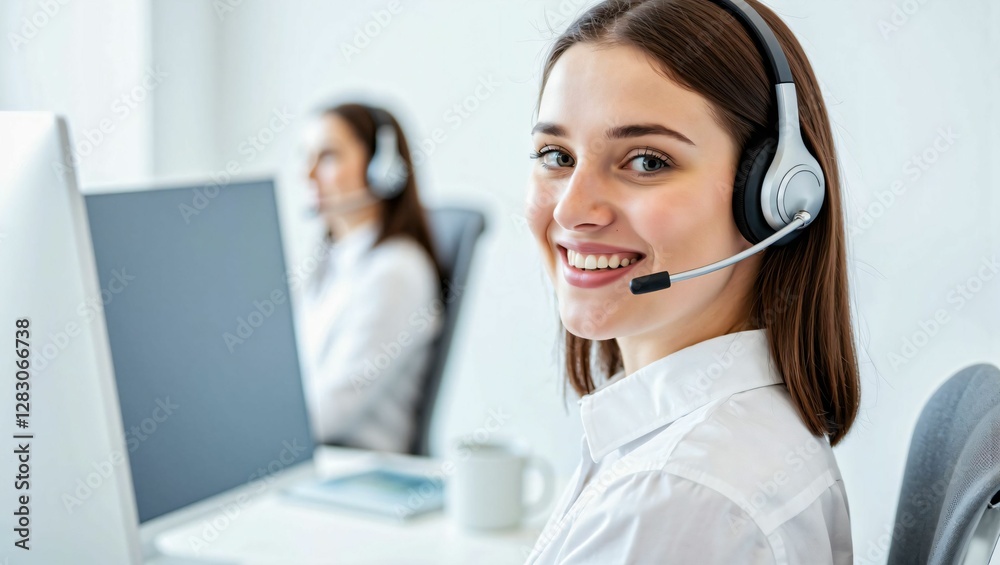 Professional Call Center Agent with Headset Assisting Clients Remotely in an Office Environment Professional Call Center Agent with Headset Assisting Clients Remotely in an Office Environment