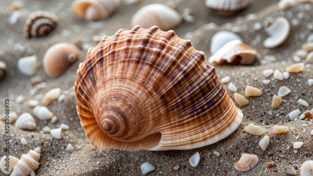 Close-up of a detailed brown seashell resting on sandy beach, surrounded by small shell fragments and grains of sand in natural setting. Close-up of a detailed brown seashell resting on sandy beach, surrounded by small shell fragments and grains of sand in natural setting.