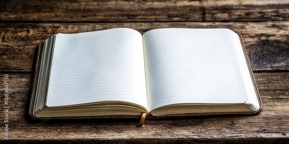 Open notebook on a rustic wooden table with warm brown tones, showcasing blank pages and textured surface for a cozy study atmosphere.