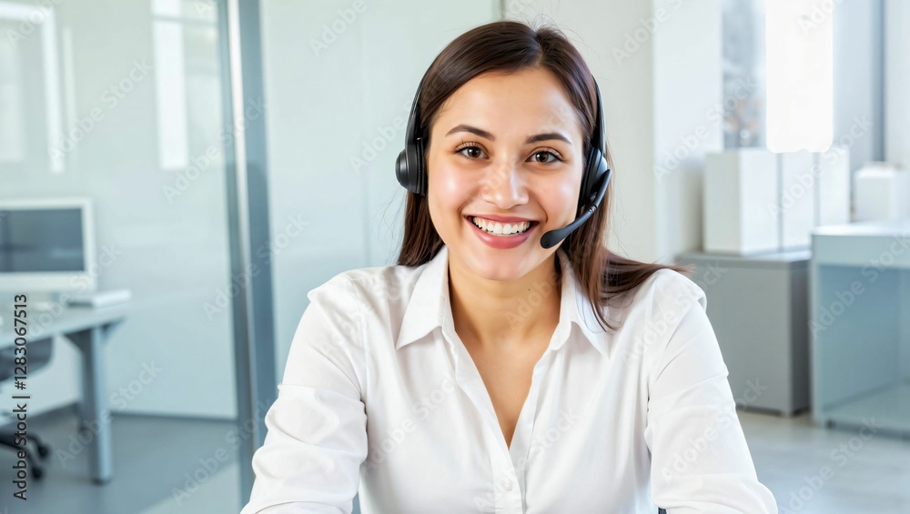 Smiling Customer Service Representative with Headset in a Call Center Providing Excellent Support Smiling Customer Service Representative with Headset in a Call Center Providing Excellent Support