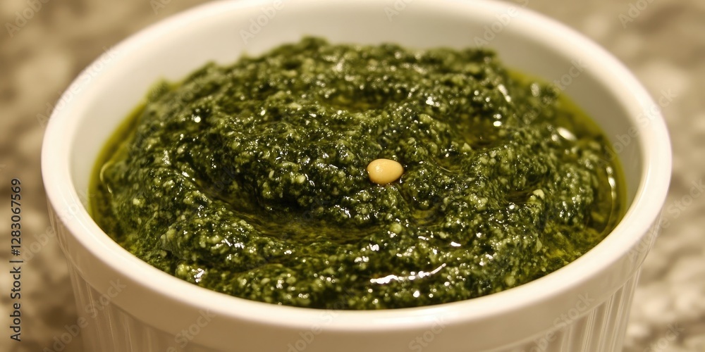 Fresh green basil pesto in a white ramekin on a textured granite surface with a hint of decorative olive oil on top showcasing vibrant colors Fresh green basil pesto in a white ramekin on a textured granite surface with a hint of decorative olive oil on top showcasing vibrant colors