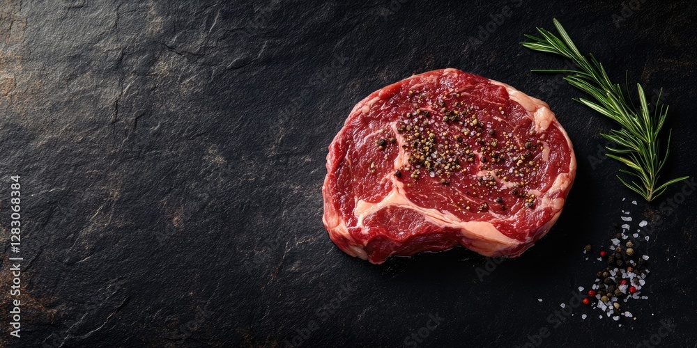 Obraz premium Raw ribeye steak with spices on dark stone surface, accented by fresh rosemary and scattered sea salt, ample negative space for text placement.