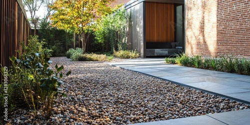 Modern tranquil garden pathway featuring gravel and stone tiles framed by lush green plants and a backdrop of wooden and brick walls.