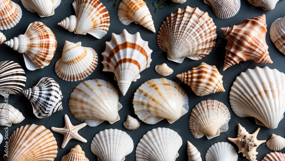 Diverse assortment of Aegean Sea shells arranged on a dark background showcasing summer vibes and natural ocean beauty. Diverse assortment of Aegean Sea shells arranged on a dark background showcasing summer vibes and natural ocean beauty.