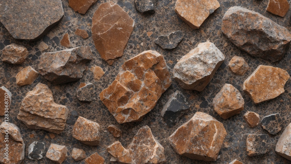 Natural brown granite stone texture with various rock sizes creating an earthy background for design or construction projects. Natural brown granite stone texture with various rock sizes creating an earthy background for design or construction projects.