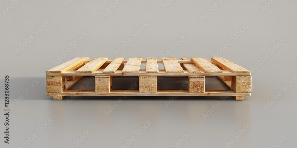 Wooden pallet in a frontal view positioned on a neutral gray background, showcasing the natural wood grain with light brown hues and shadows below. Wooden pallet in a frontal view positioned on a neutral gray background, showcasing the natural wood grain with light brown hues and shadows below.