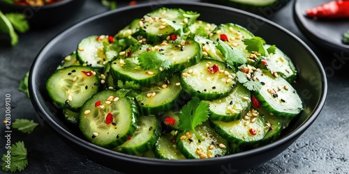 Fresh smashed cucumber salad in a black bowl topped with sesame seeds, red chili, and cilantro, featuring vibrant green cucumbers against a dark background. photo