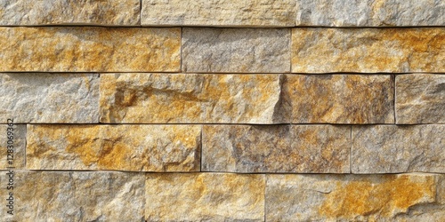 Rustic seamless yellow granite wall texture featuring warm earthy tones with varying shades of yellow and gray arranged in a stacked cladding pattern.