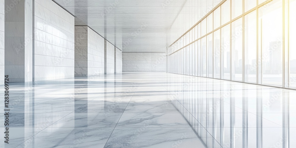 Obraz premium Spacious interior of a modern building with empty glossy marble floor reflecting sunlight, large glass windows on the right side.