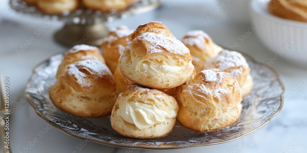 Delicate homemade cream puffs arranged on an ornate silver plate topped with powdered sugar with a soft golden-brown hue and rich creamy filling inside