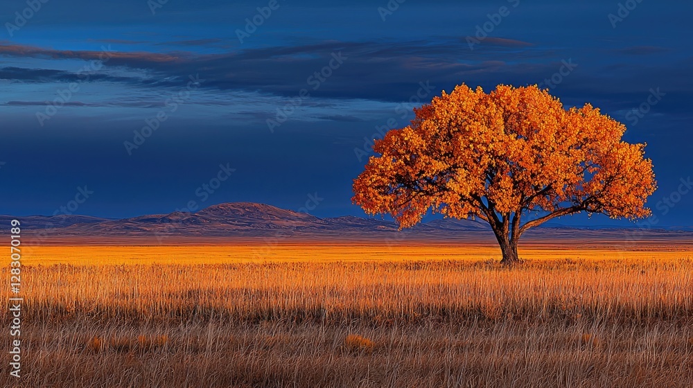 Fototapeta premium Autumnal Tree in Plains Landscape at Dusk