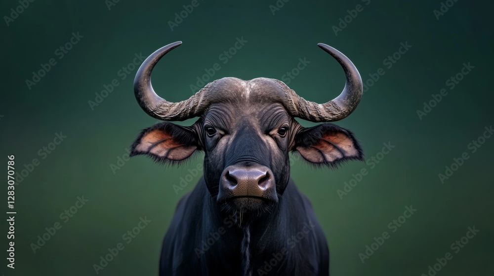 African buffalo (Syncerus caffer) with curved horns, powerful build, detailed facial texture, dark green background African buffalo (Syncerus caffer) with curved horns, powerful build, detailed facial texture, dark green background