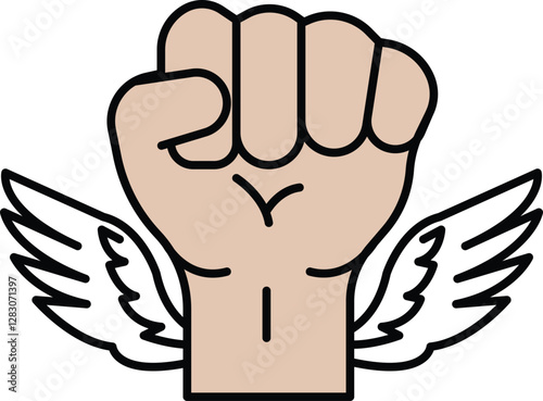 A fist with wings is shown in a white background