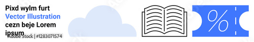 Cloud design, outlined open book, percentage on a labeled blue ticket. Ideal for technology, education, ecommerce, promotions, cloud storage online learning data savings. Abstract line flat