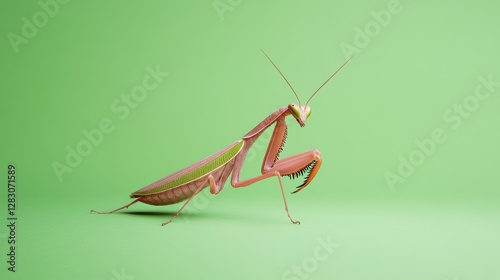 African praying mantis (Sphodromantis) standing in attack mode, spiked legs and complex eye structure isolated on green photo