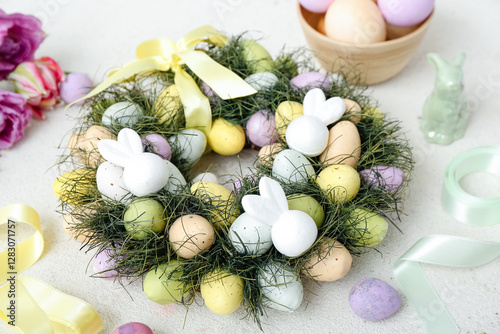 Easter wreath on white tabl...
