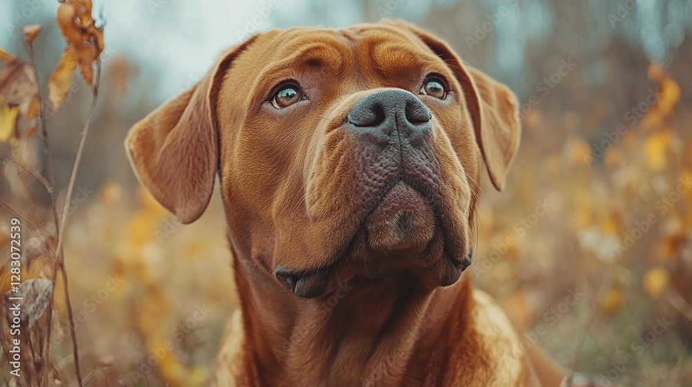 strong and friendly mastiff dog posing in a natural outdoor setting with a confident expression and powerful build showcasing its loyal and gentle personality as a beautiful purebred canine
