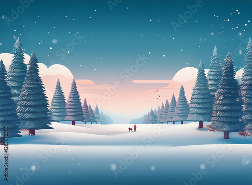 A snowy winter background scene with tall pine trees lining a path. Two small figures walk with a dog in the distance under a pastel sky. Snowflakes fall gently.