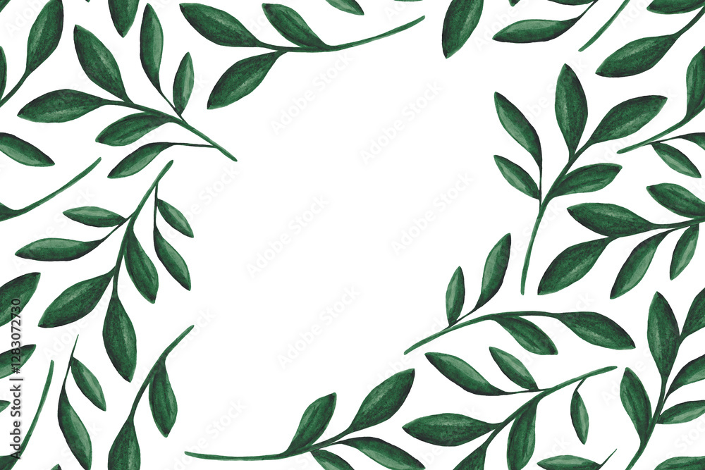 Frame of green watercolor plants on a white background. Spring nature watercolor background