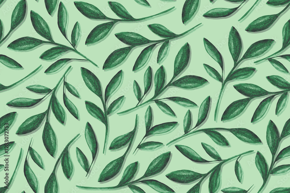 Seamless pattern of green watercolor plants on a white background. Spring nature watercolor background