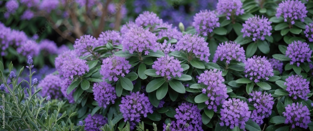 Vibrant Hebe Plant with Stunning Purple Flowers in Bloom creating a Lush Garden Atmosphere and Space for Text Overlay Vibrant Hebe Plant with Stunning Purple Flowers in Bloom creating a Lush Garden Atmosphere and Space for Text Overlay