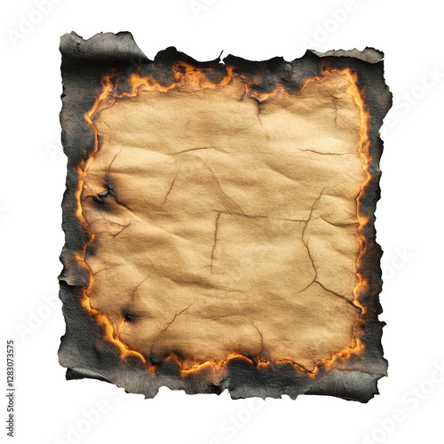 Sheet of paper with burned and charred edges, isolated on transparent cutout background