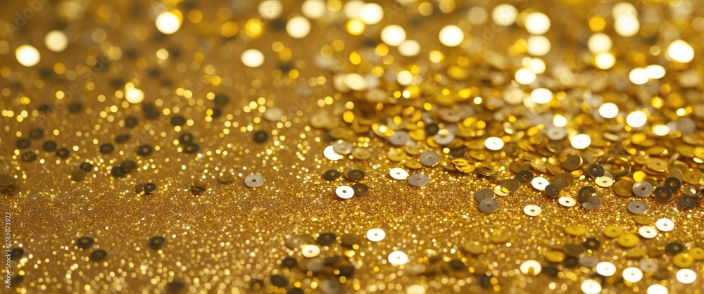 Golden glittering background with shimmering dust and sequins creating a vibrant and luxurious texture for festive designs and decorations. Golden glittering background with shimmering dust and sequins creating a vibrant and luxurious texture for festive designs and decorations.