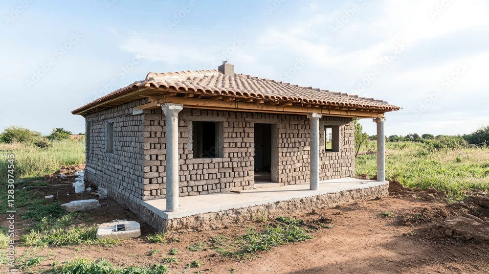 A house under construction with exposed blockwork and reinforced pillars