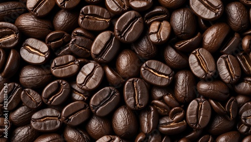 Richly roasted coffee beans in a close-up macro shot creating an abstract background ideal for coffee-related designs and marketing. photo