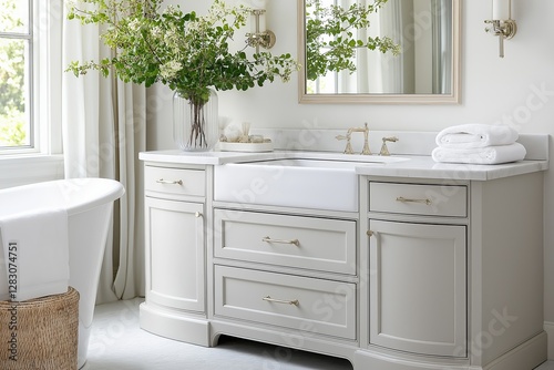 Elegant bathroom design featuring a stylish vanity, modern fixtures, and natural light, creating a serene and inviting atmosphere, home decor concept