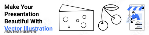 Cheese, cherries, and storefront with shopping elements emphasize creativity, simplicity, and business themes. Ideal for marketing, branding, food presentation, commerce minimalism promotion flat