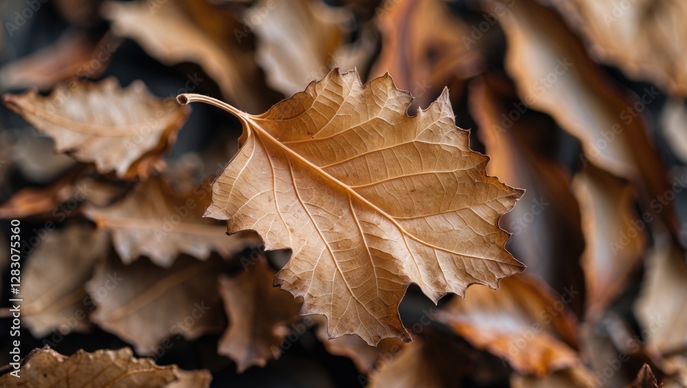 Close up of a dry autumn leaf surrounded by fallen leaves showcasing intricate textures and warm earthy tones. Perfect for nature themes. Close up of a dry autumn leaf surrounded by fallen leaves showcasing intricate textures and warm earthy tones. Perfect for nature themes.
