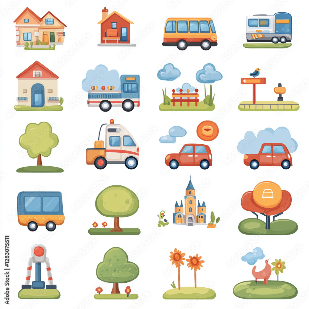 Fototapeta premium Colorful Cartoon City Elements