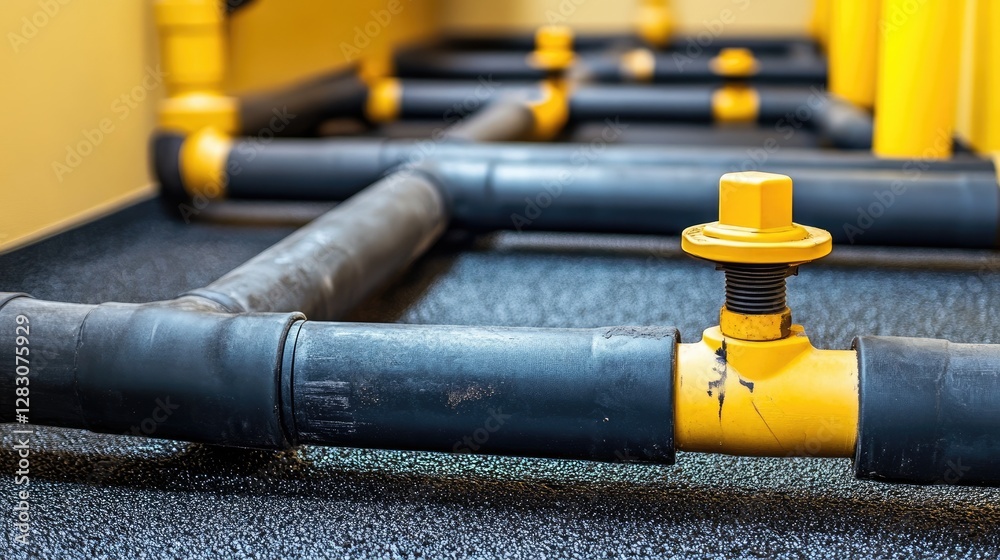 A network of underground pipes and electrical conduits laid before flooring installation