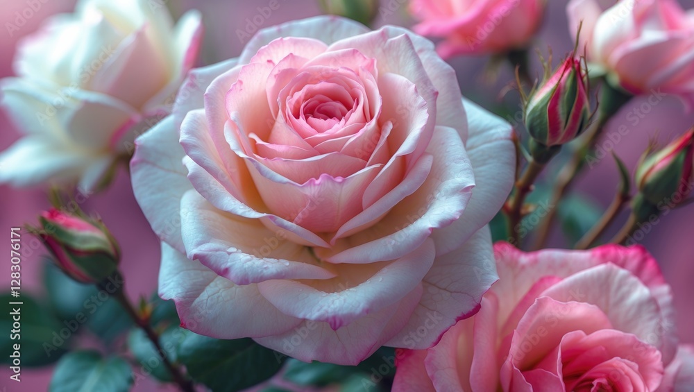 Fototapeta premium Close up of delicate white and pink roses in soft focus highlighting the intricate petals and lush green leaves for a serene background.