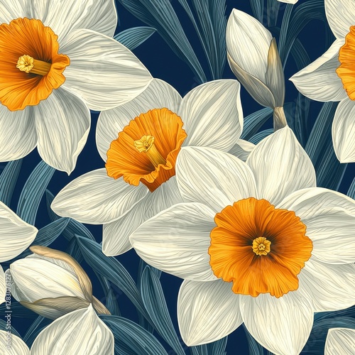 Daffodils flowers plants floral blooming botanical seamless pattern ornament design, tile