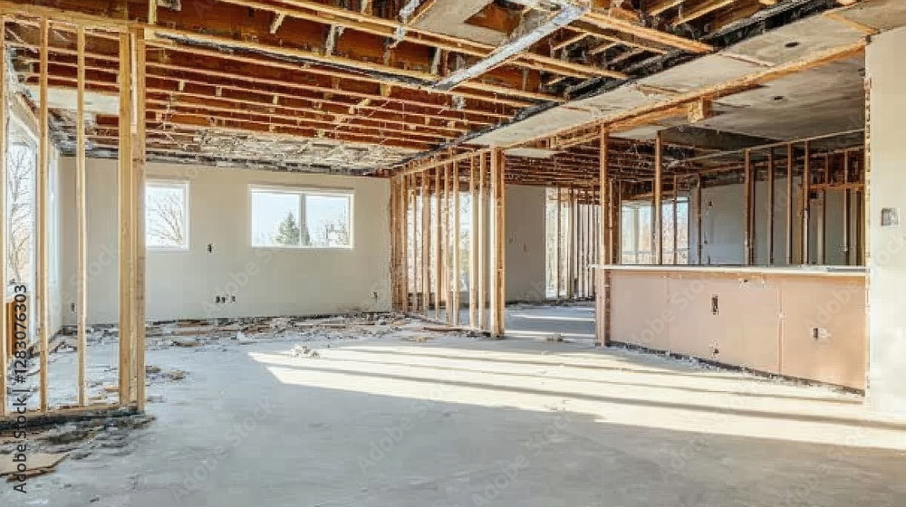A partially constructed kitchen showing its separate foundation and framework A partially constructed kitchen showing its separate foundation and framework