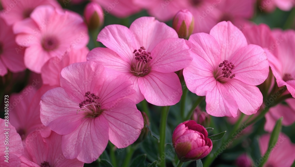 Pink flowers in bloom with soft petals and dark centers surrounded by green foliage in a garden setting. Pink flowers in bloom with soft petals and dark centers surrounded by green foliage in a garden setting.