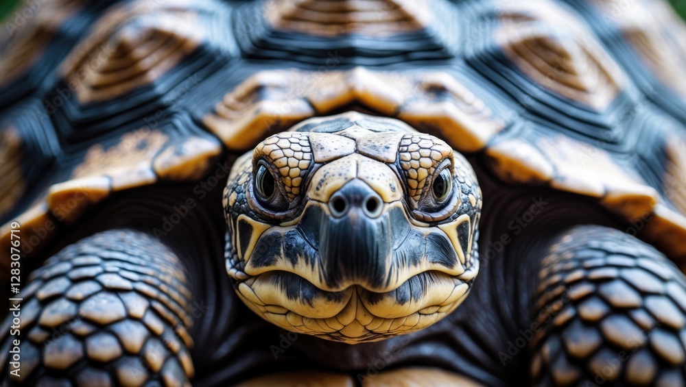 Close-up portrait of a tortoise displaying intricate shell patterns and facial features in natural lighting Close-up portrait of a tortoise displaying intricate shell patterns and facial features in natural lighting