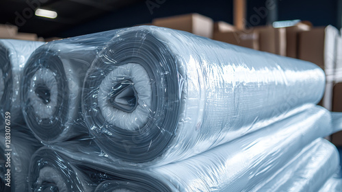 Close-up of vacuum-sealed rolled mattress during unboxing process in storage area