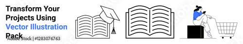 Open books, graduation cap, person shopping online using a laptop. Ideal for education, e-commerce, digital tools, book learning, academic success, online retail flat landing page banner