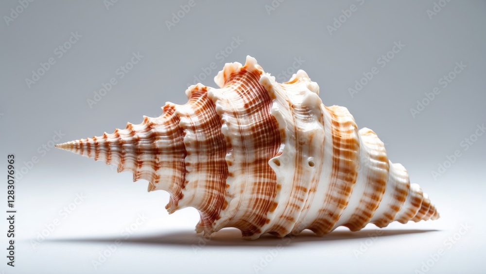 Close up view of a beautifully detailed conch shell showcasing its intricate patterns against a clean white background. Close up view of a beautifully detailed conch shell showcasing its intricate patterns against a clean white background.