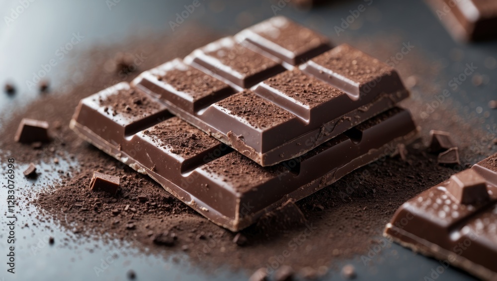 Dark chocolate bars with cocoa powder and chocolate crumbs on a black surface. Dark chocolate bars with cocoa powder and chocolate crumbs on a black surface.